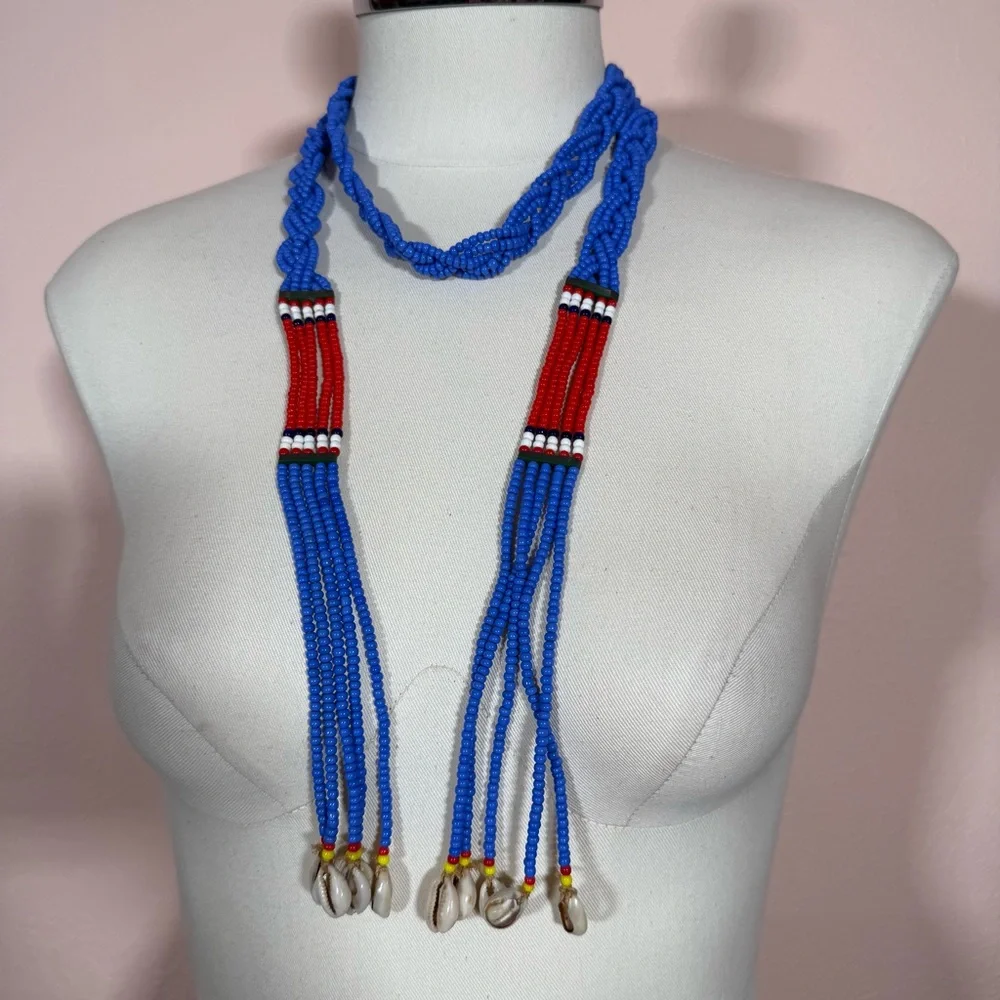 Vintage southwestern red blue Beaded Belt necklace shell tassels adjustable